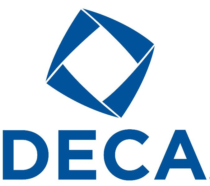 DECA logo tilted square above letters