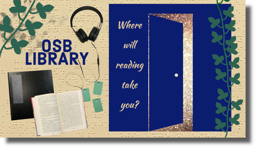 Graphic with headphones, books, and blue door with words written on it saying Where will reading take you?