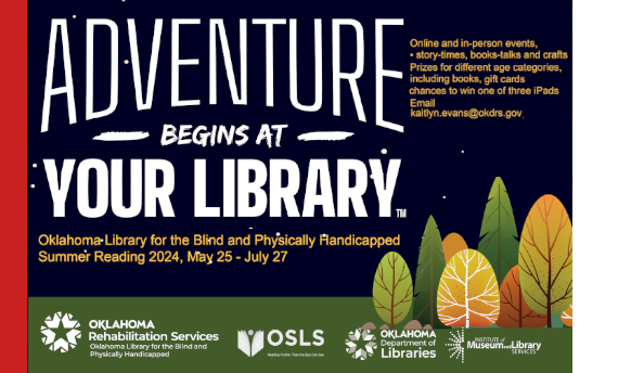OSB Adventure Library Flyer with many trees and tents at the bottom. It is night time and there are stars in the sky. 