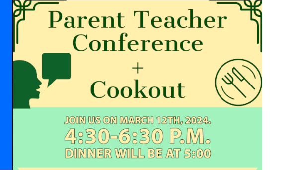 Picture of OSB Parent Teacher Conference Flyer, bottom left corner has silhouette of head and shoulders with chat bubble