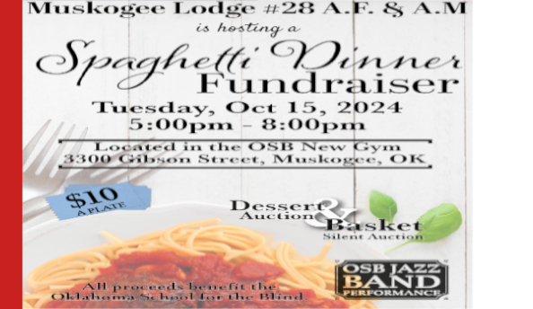 OSB Spaghetti Dinner Flyer with Spaghetti noodles and sauce on plate at the bottom, forks on the left side