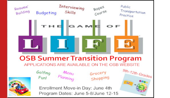 Summer Transition Flyer with clipart of letters spelling LIFE with clipart of car driving on road left corner